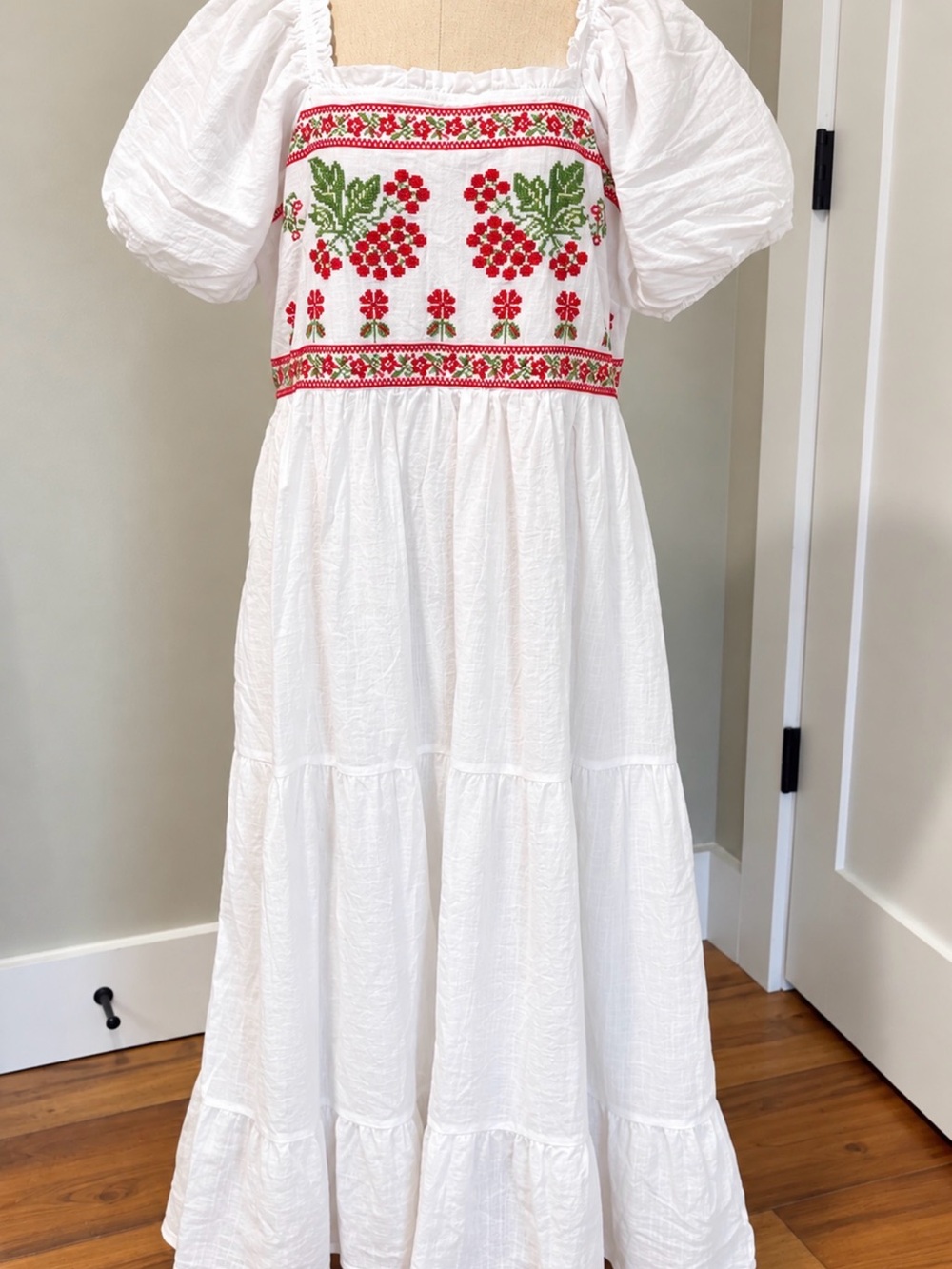 Polagram White Maxi Dress with Red & Green Embroidered Smocking